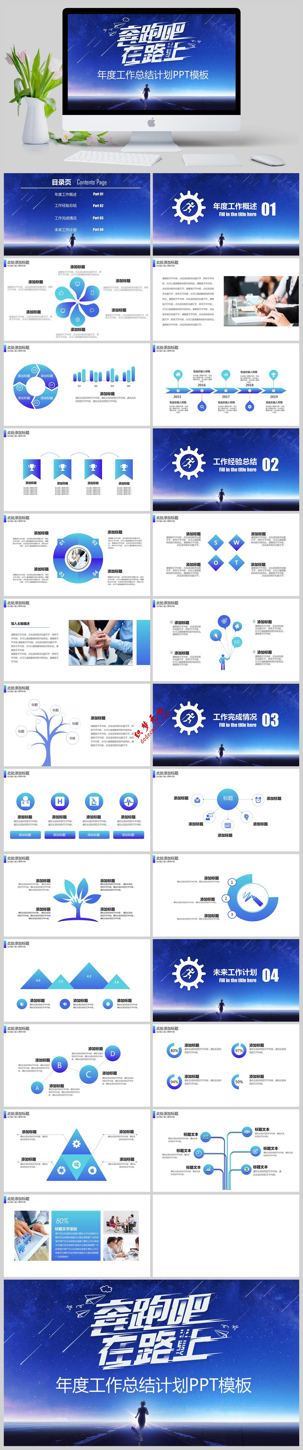 蓝色蓝色奔跑吧在路上年度工作总结计划PPT模板下载