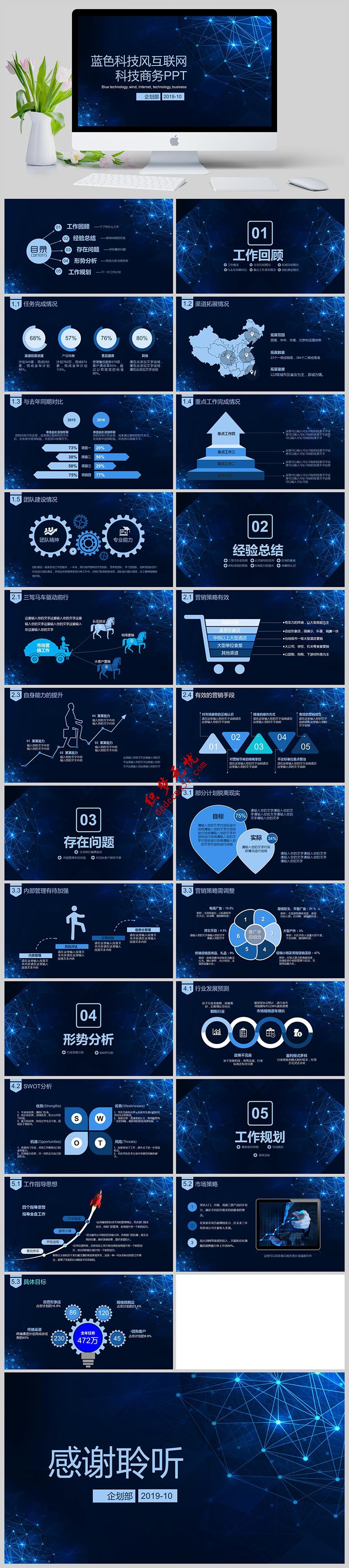 蓝色科技风互联网科技商务公司宣传PPT模板下载免费下载