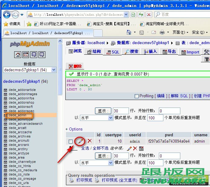 使用phpmyadmin打开dede_admin数据表