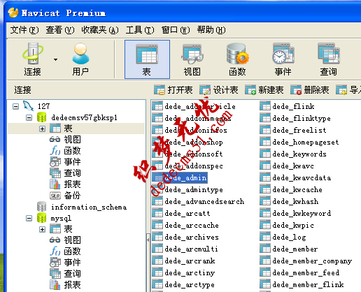 图-1 使用Navicat查看DedeCMS数据库结构