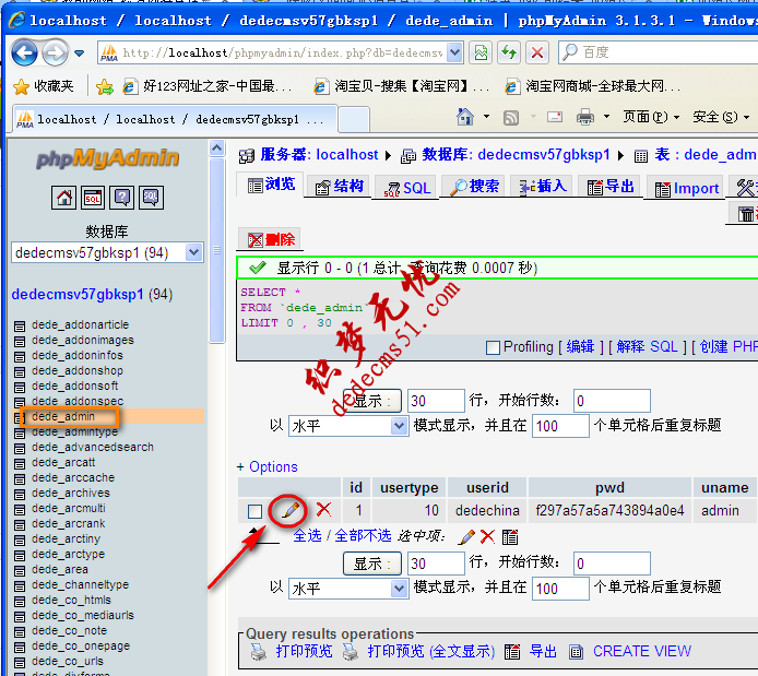 图-6 使用phpmyadmin打开dede_admin数据表