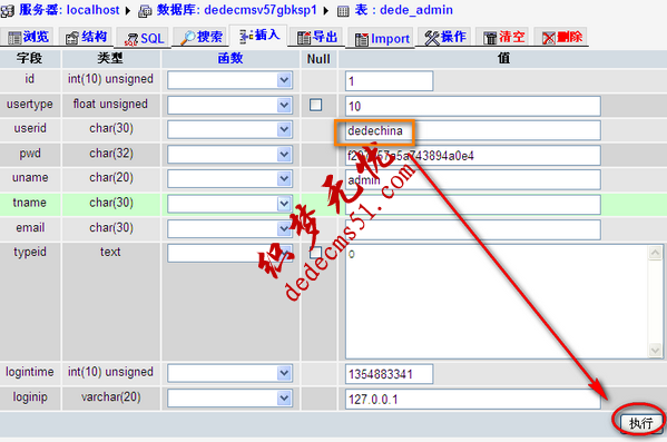 图-7 使用phpmyadmin修改dedecms管理员账号